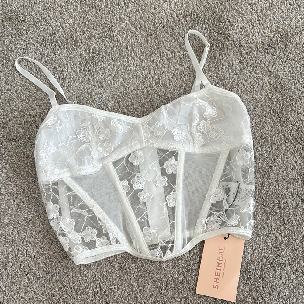 Sheer White Lace and Sequin Bustier Top